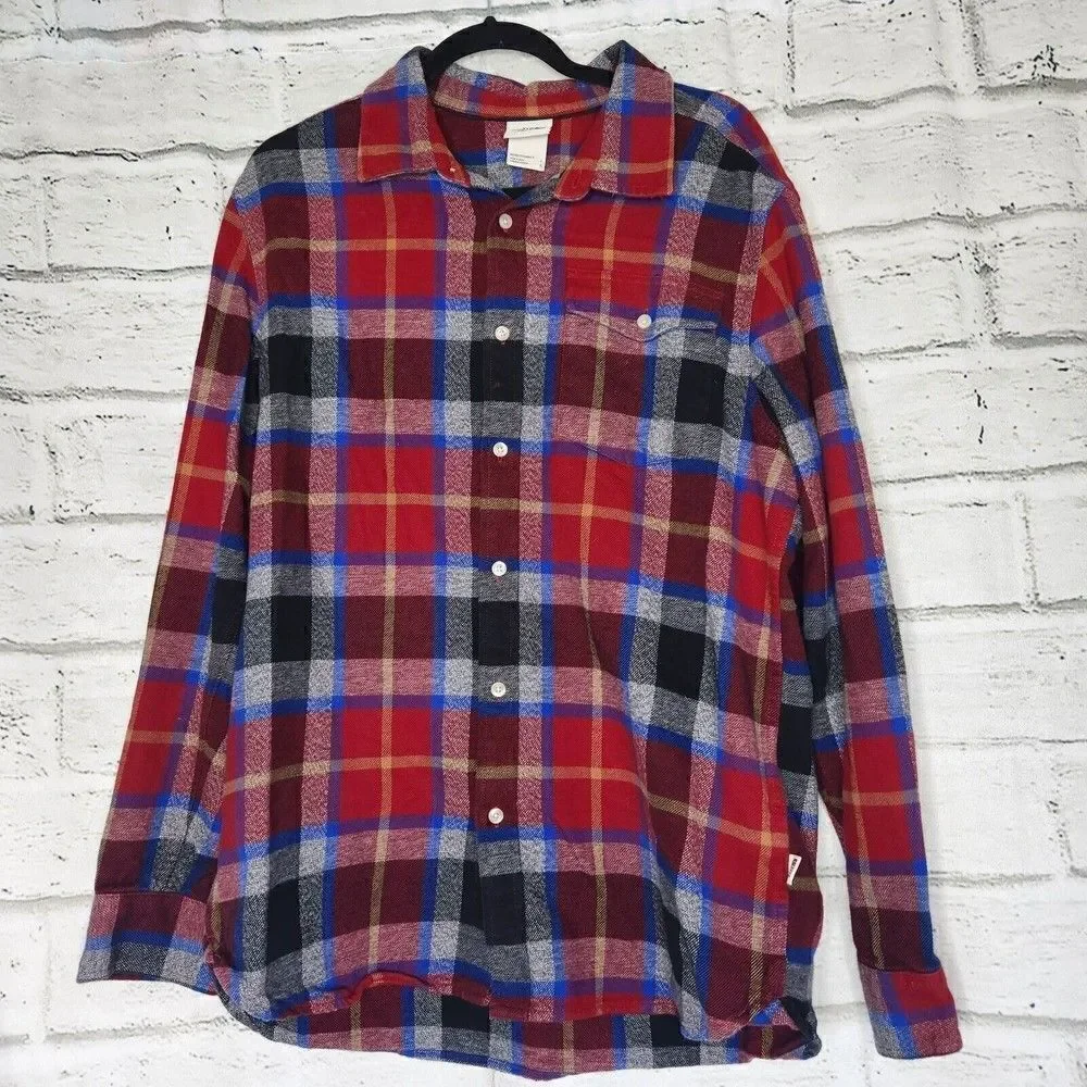 THE NORTH FACE Mens Button Down Plaid Blue Red Flannel Shirt Large Long Sleeve